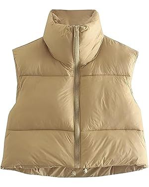 Shiyifa Women's Fashion High Neck Zipper Cropped Puffer Vest Jacket Coat | Amazon (US)