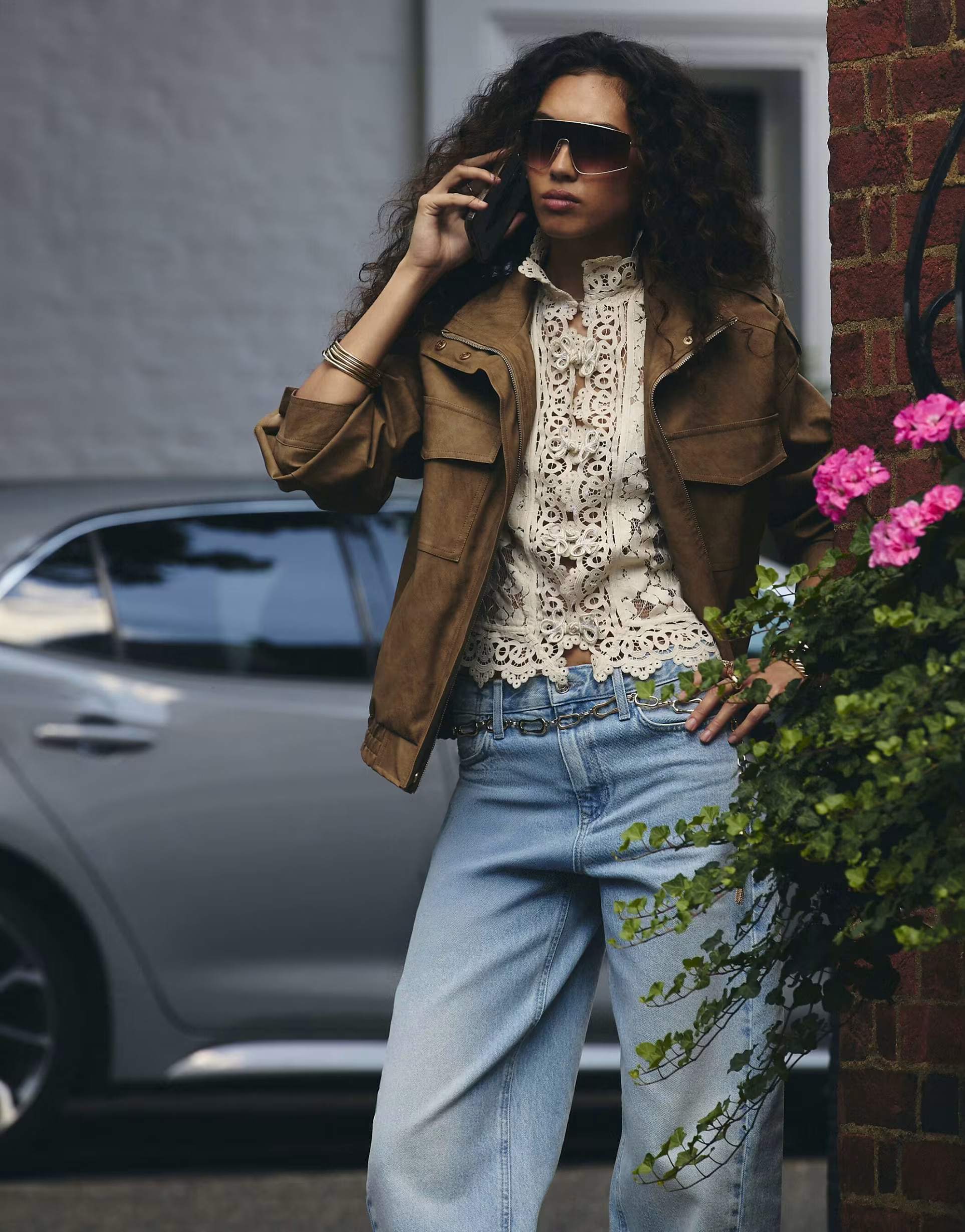 › River Island Faux leather washed funnel neck jacket in brown | ASOS (Global)