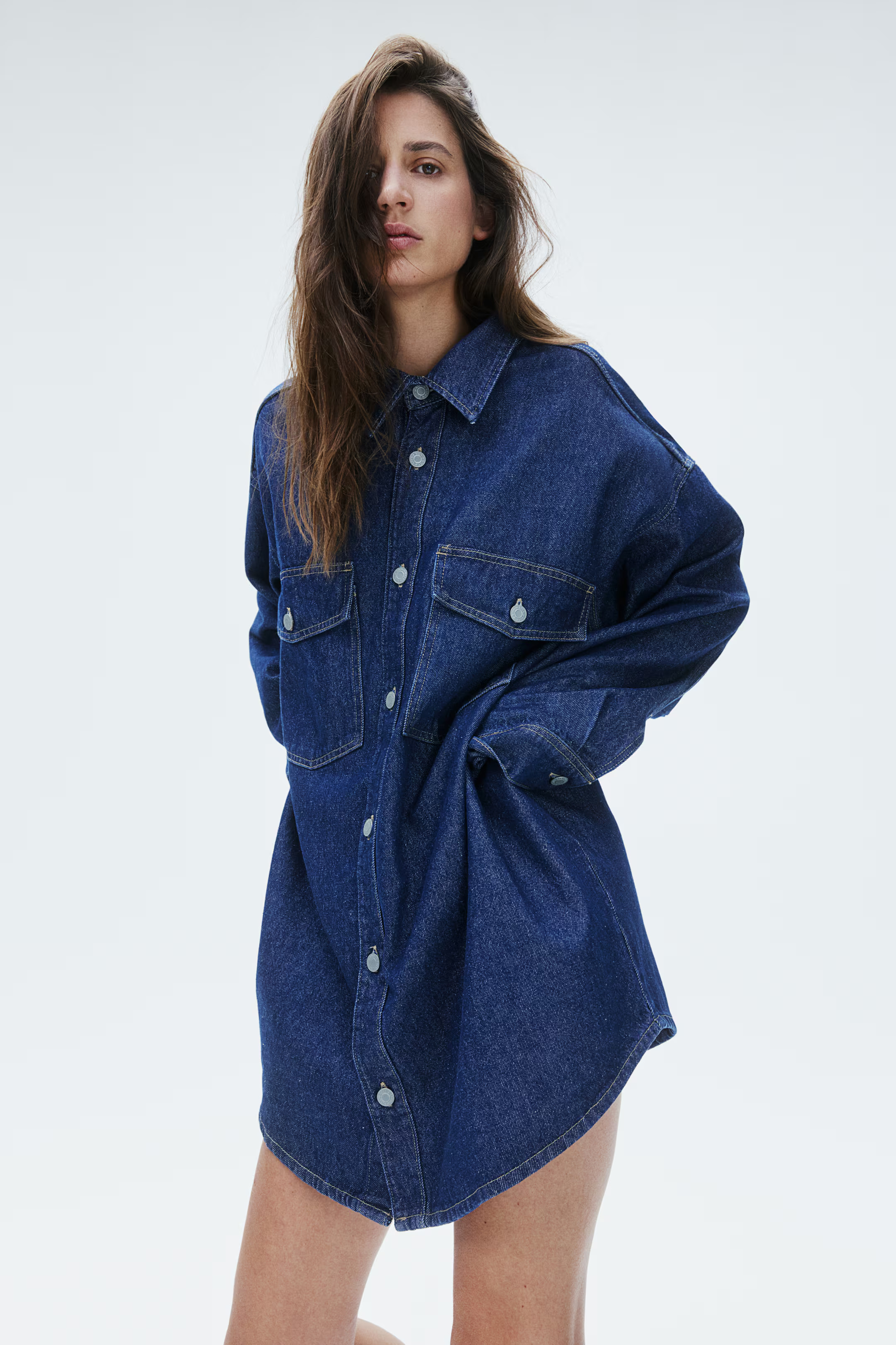 Oversized Denim Shirt - Long sleeve - Long - Dark denim blue - Ladies | H&M US | H&M (US + CA)