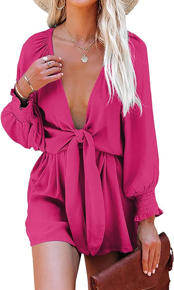 AlvaQ Rompers for Women Dressy Spring Summer Tie Knot Front Sexy V Neck Jumpsuits | Amazon (US)