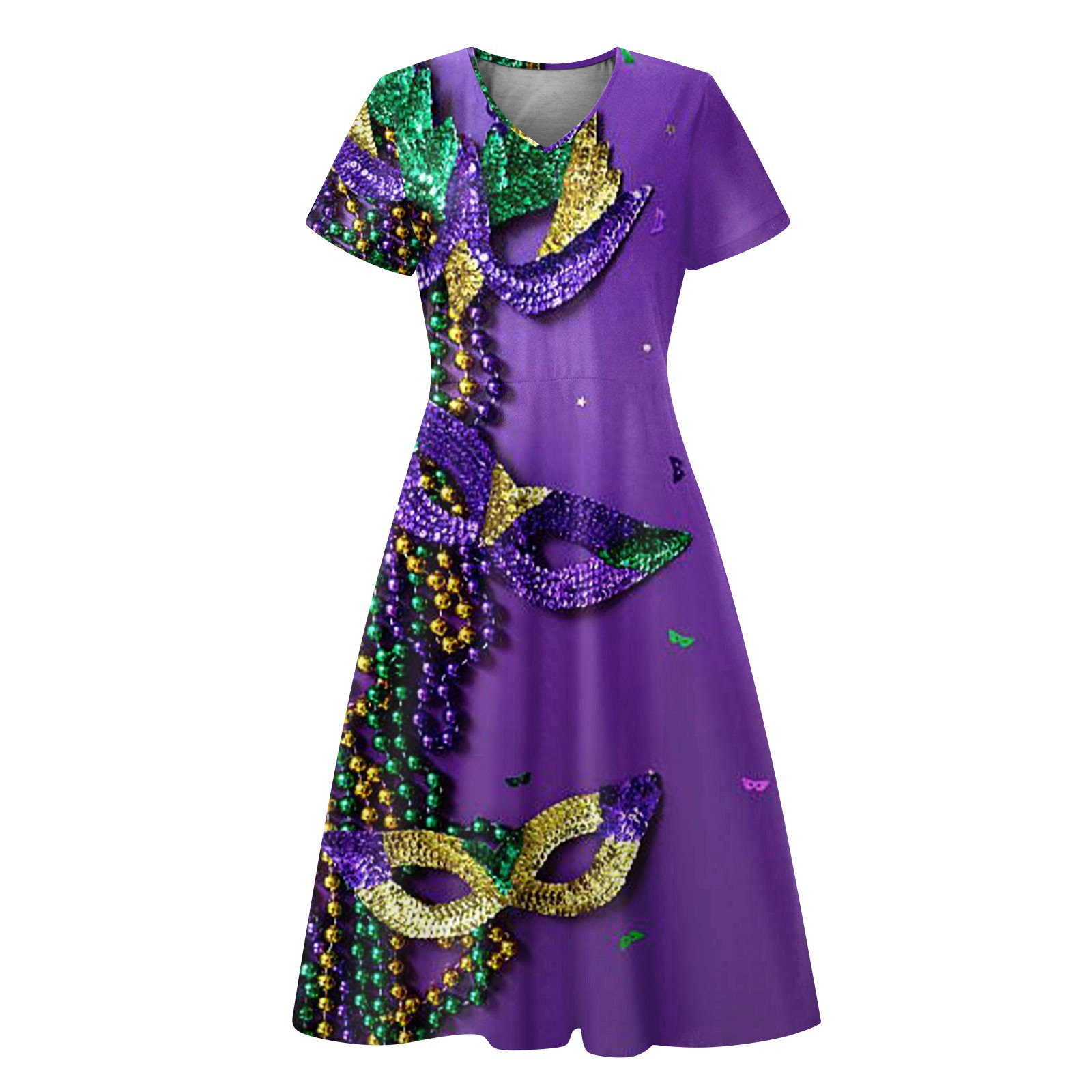Taymeis Mardi Gras Womens Dresses Casual Mask Print Flowy Dresses Elegant Short Sleeve V Neck Coc... | Walmart (US)