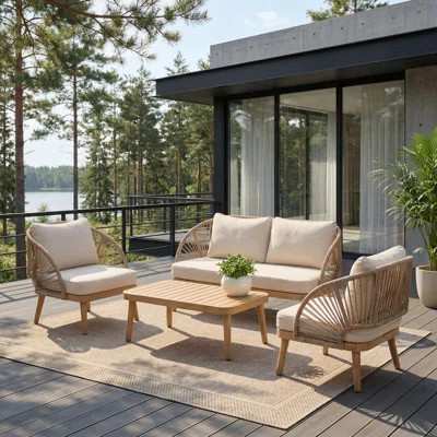 4-piece Acacia Wood Outdoor Seating Set With Rope Accents & Cushions | Wayfair North America