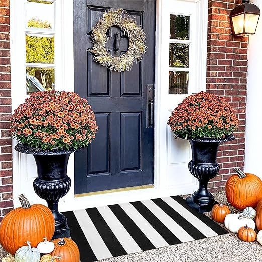 Collive Black and White Outdoor Striped Rug 24"x 51", Cotton Woven Front Porch Rug Fall Decor,Was... | Amazon (US)
