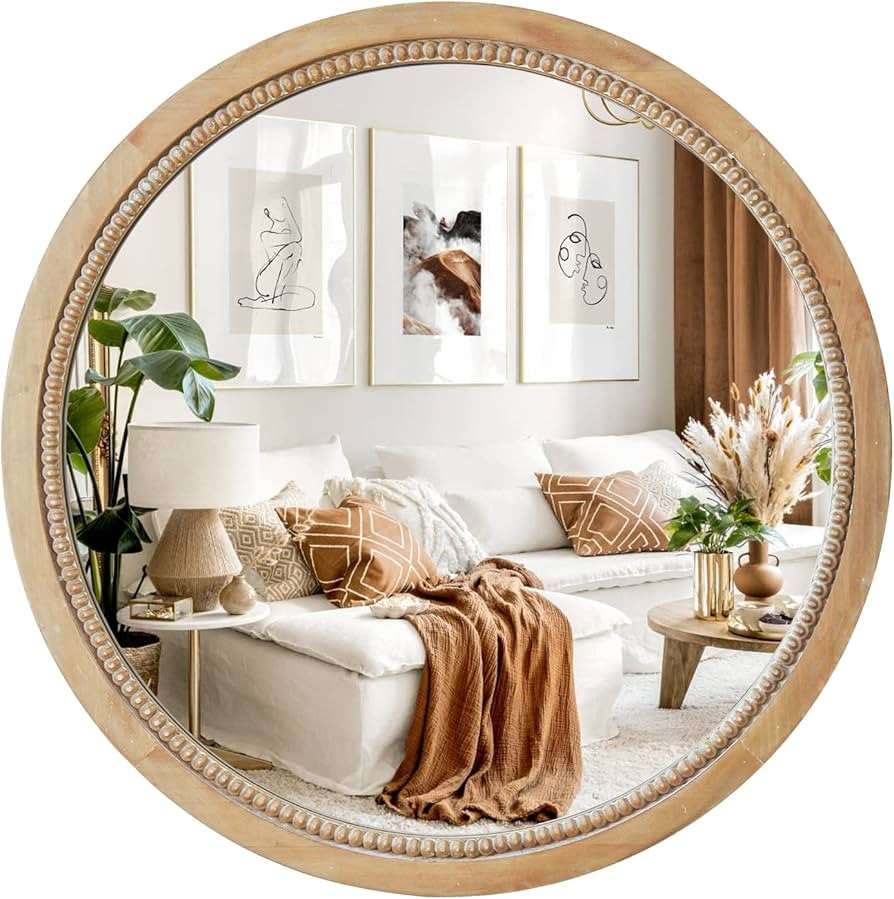 sawsile Round Decorative Mirror 18inch Circle Farmhouse Style Mirror Rustic Natural Wooden Frame ... | Amazon (US)