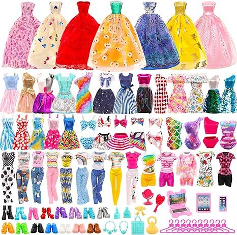 BARWA 57 Pack Doll Clothes and Accessories 5 Fashion Dresses 4 Tops 4 Pants Outfits 3 Wedding Gow... | Amazon (US)