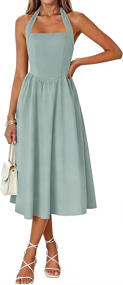Naggoo Women's Summer Halter Midi Dress Sleeveless High Waist Swing Beach Long Dresses | Amazon (US)