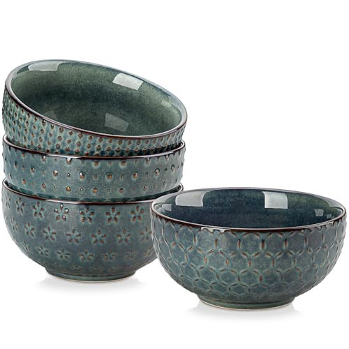 MALACASA Cereal Bowls, 30 Ounce Ceramic Green Soup Bowl for Kitchen, Stoneware Bowls Set of 4 with Embossment for Pho, Chip, Fruits, Salad, Noodle, Ramen - 6 Inch, Series LYDIA | Amazon (US)