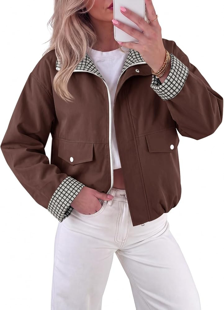 Tankaneo Womens Cropped Bomber Jacket Plaid Lightweight Fall Jacket | Amazon (US)