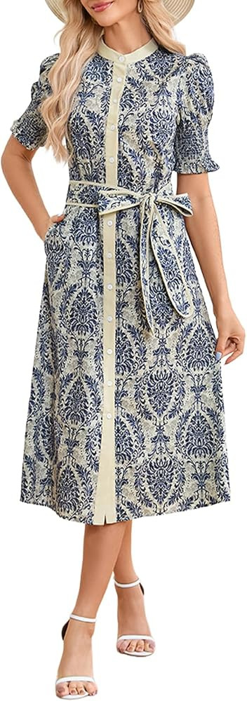 Women Floral Midi Dress Short Sleeve Button Down Shirt Dress with Belt | Amazon (US)