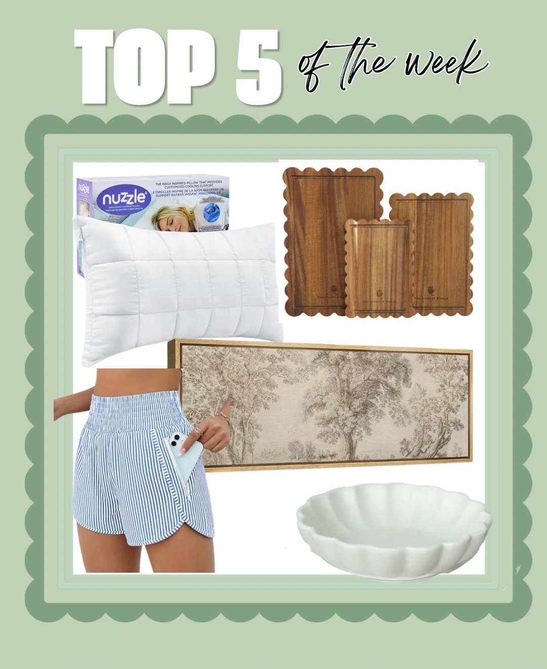 Top 6 of this week: 

My new sleeping pillow 
Scallop edge wood boards 
Vintage look art (this is over my bed) 
Athletic shorts - now also in stripes and gingham 
Decorative scallop bowl

#LTKHome #LTKootd #LTKPetite