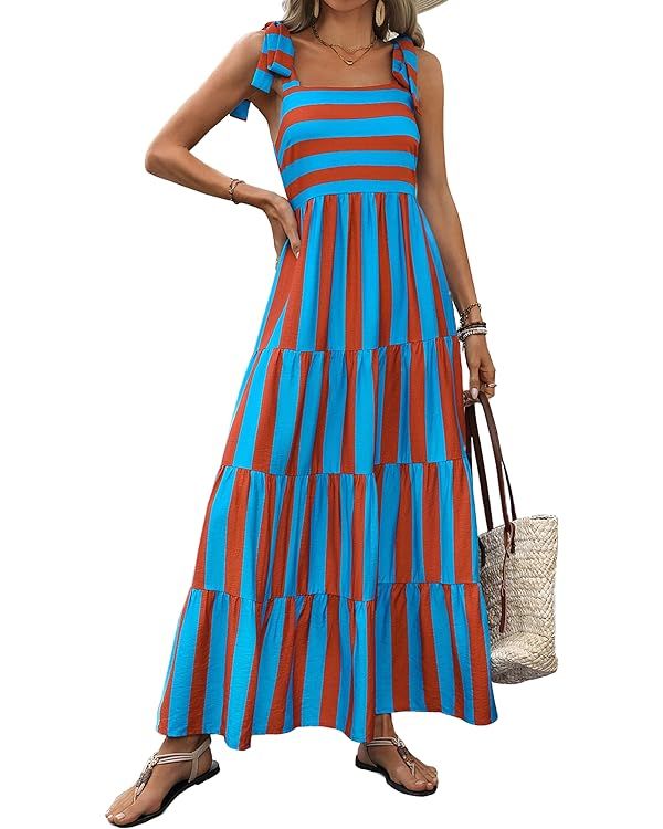 PRETTYGARDEN Women Dresses 2024 Summer Floral Sleeveless Maxi Dress Casual Spaghetti Strap Tiered... | Amazon (US)