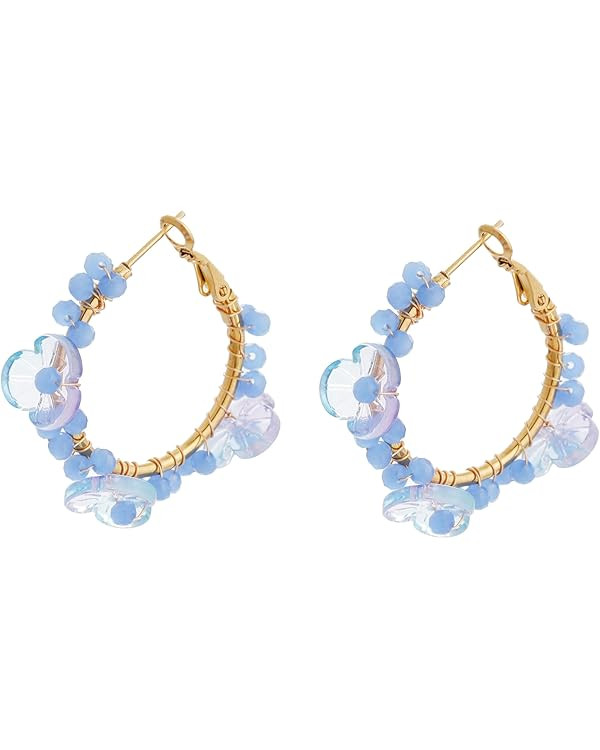 Flower Hoop Earrings, Boho Beaded Hoop Earrings Daisy Hoop Earrings Floral Hoop Earrings | Amazon (US)