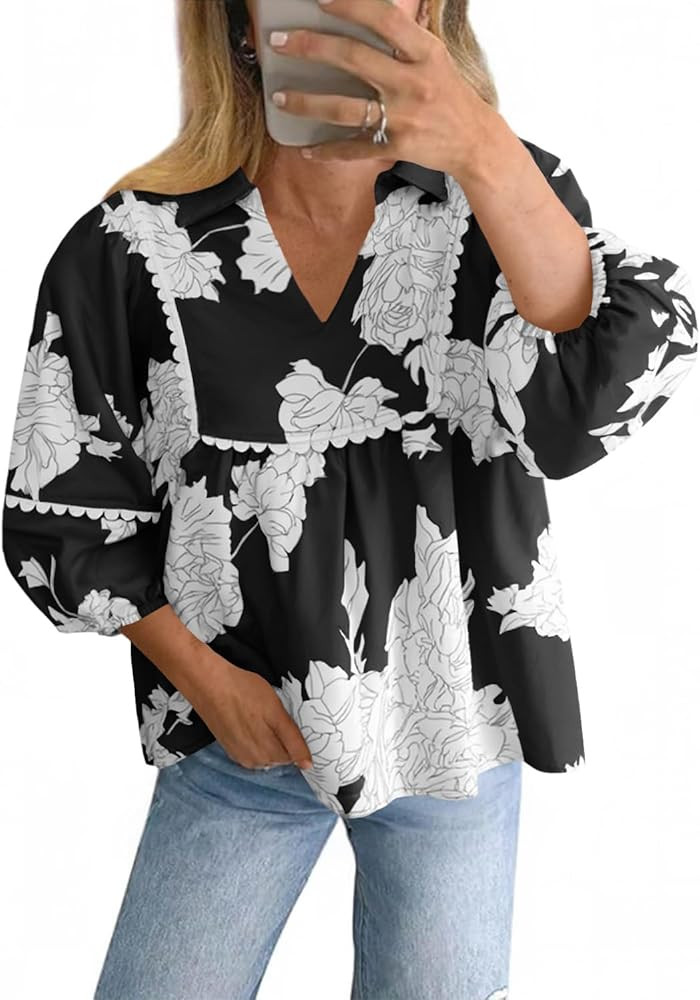 Tankaneo Womens Floral Peplum Babydoll Tops 3/4 Puff Sleeve Pleated Blouse Cute Casual V Neck Loo... | Amazon (US)