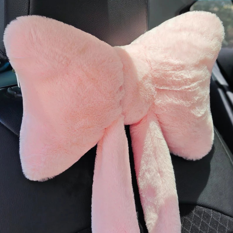 Pink Plush Bow Car Headrest Pillow, Plush Car Pillow, Pink Travel Pillows, Pink Bow Girly Car Acc... | Etsy (US)