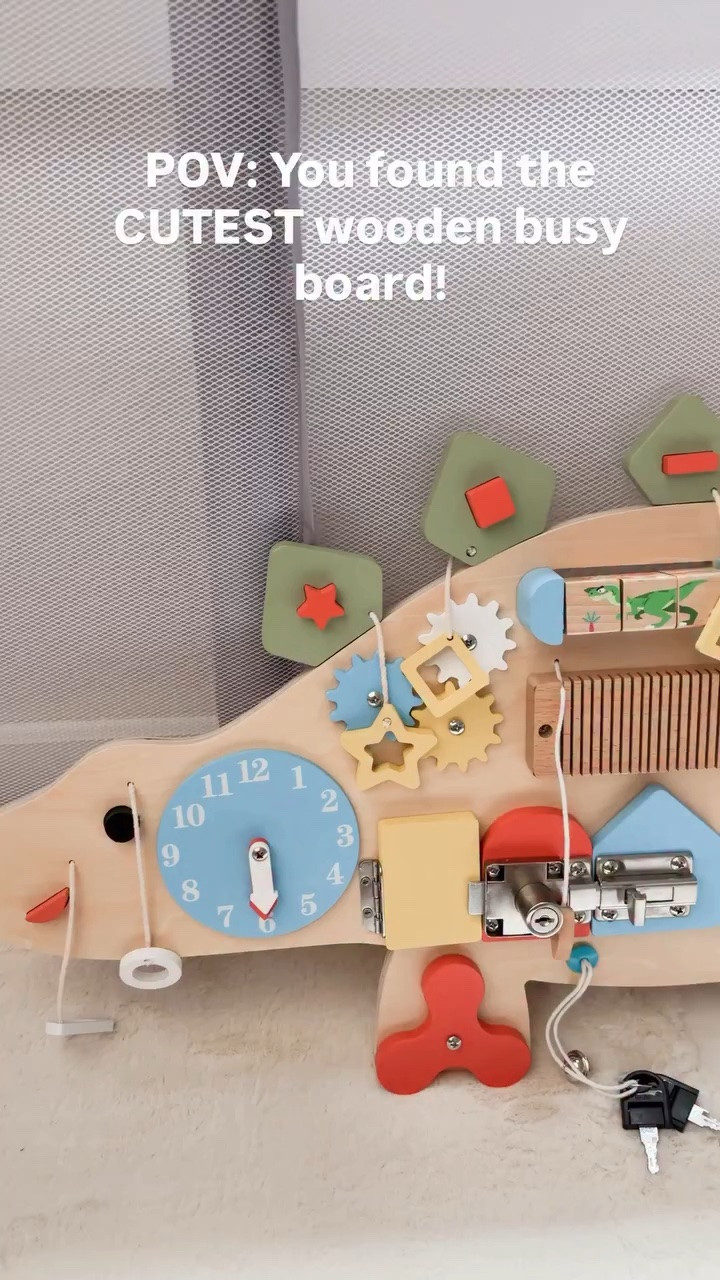 This is a wooden busy board has so many different activities to keep your baby entertained and engaged and exploring new things. It came preassembled! And it also folds in half. It does have brackets on the back so that you can hang this on a wall. Or you can lay it flat for tummy time. How adorable is this?

#Babytoys #kidstoys #busyboard #babyactivities

#LTKBaby #LTKKids