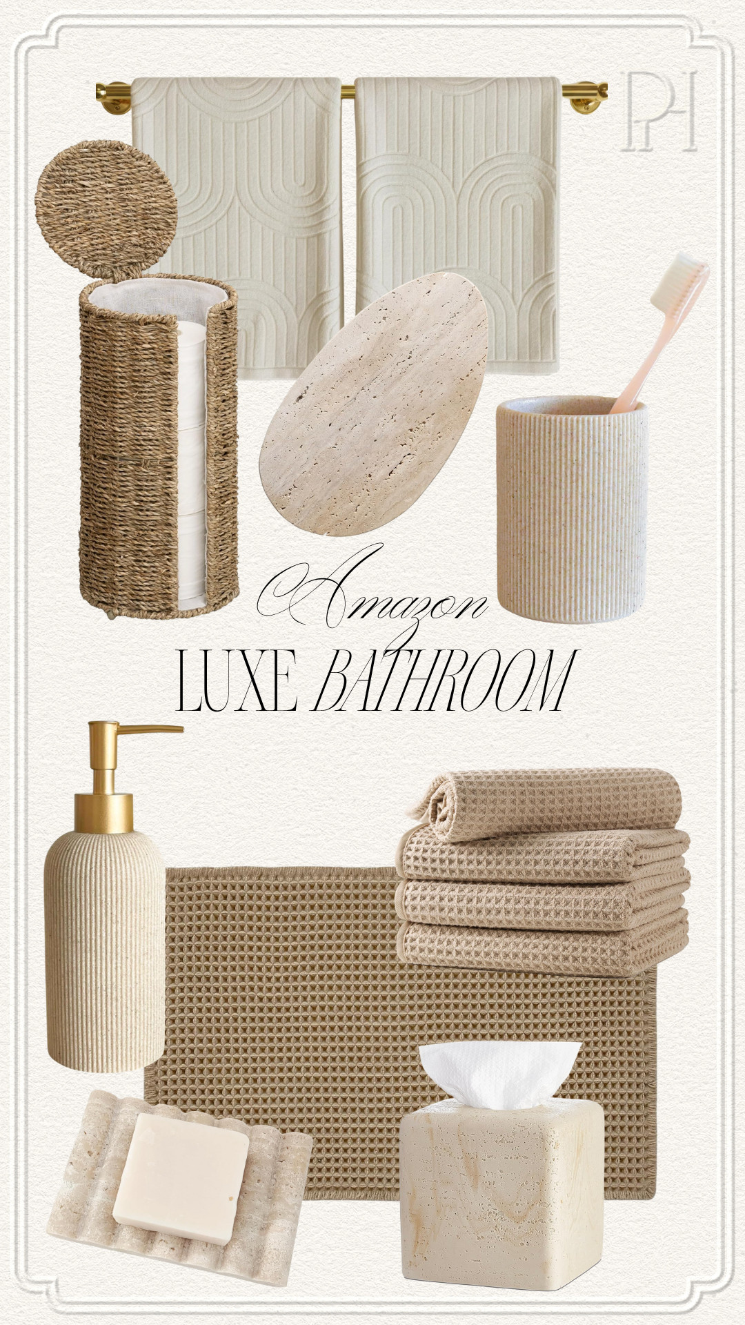Luxe finds for the bathroom from Amazon!

waffled bathroom rug, brown bath rug, waffled towels, bath towels, tan towels, wicker toilet paper holder, travertine tray, travertine tissue box cover, travertine soap dish, neutral bathroom, minimalist bathroom, toothbrush holder, soap dispenser, hand towels, organic modern home 

 #LTKSeasonal #LTKHome