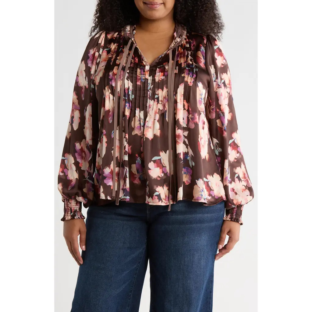Treasure & Bond Pintuck Satin Top in Brown Flower Wash at Nordstrom Rack, Size 2X | Nordstrom Rack