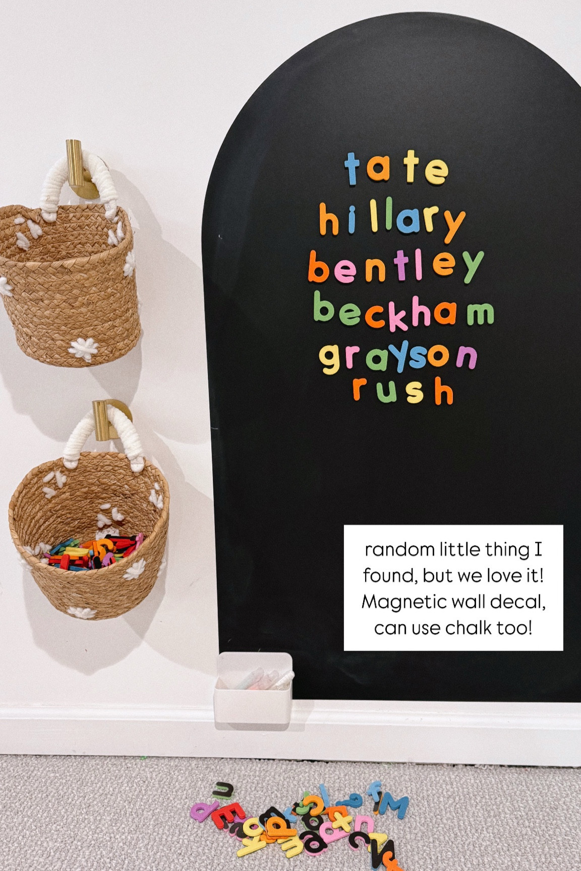 @cherrypick is where we got the wall decal! Linked the baskets, hooks, and letters. The hooks are 3M so no holes!

#LTKHome