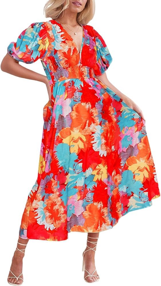 Sissyaki Women's Boho Floral Midi Dress Smocked Beach Flowy Dress | Amazon (US)