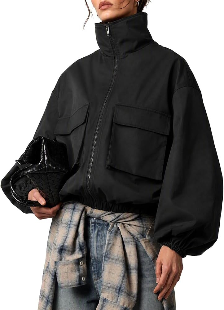 EXLURA Women Short Bomber Jackets Fall Funnel Neck Cropped Trench Coats | Amazon (US)
