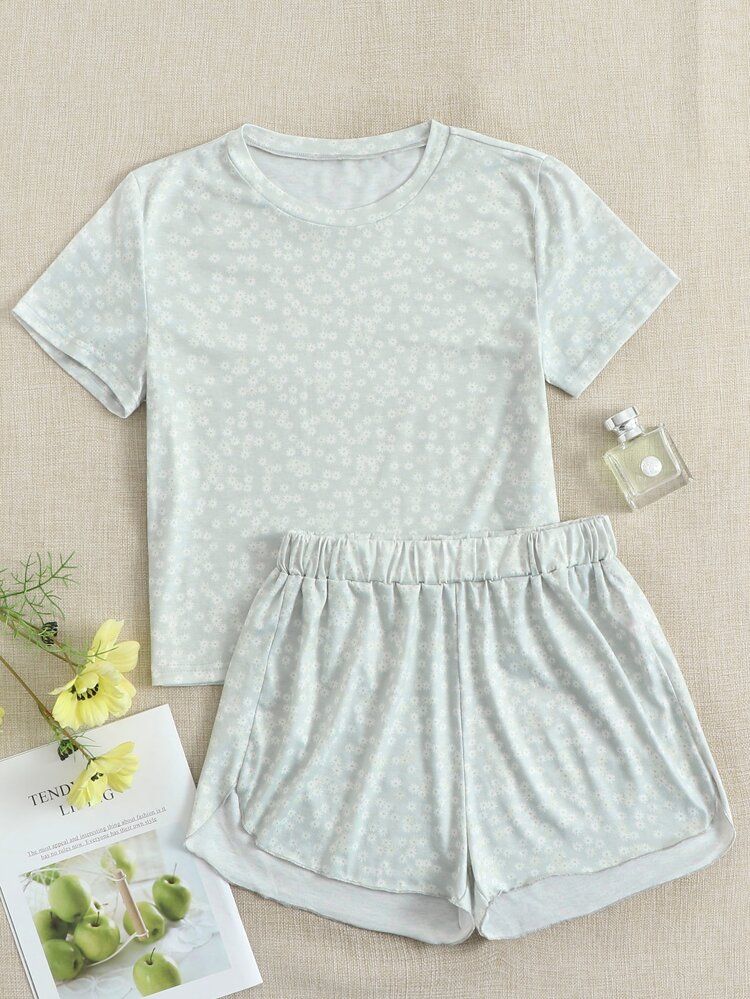 Ditsy Floral Tee With Shorts PJ Set | SHEIN