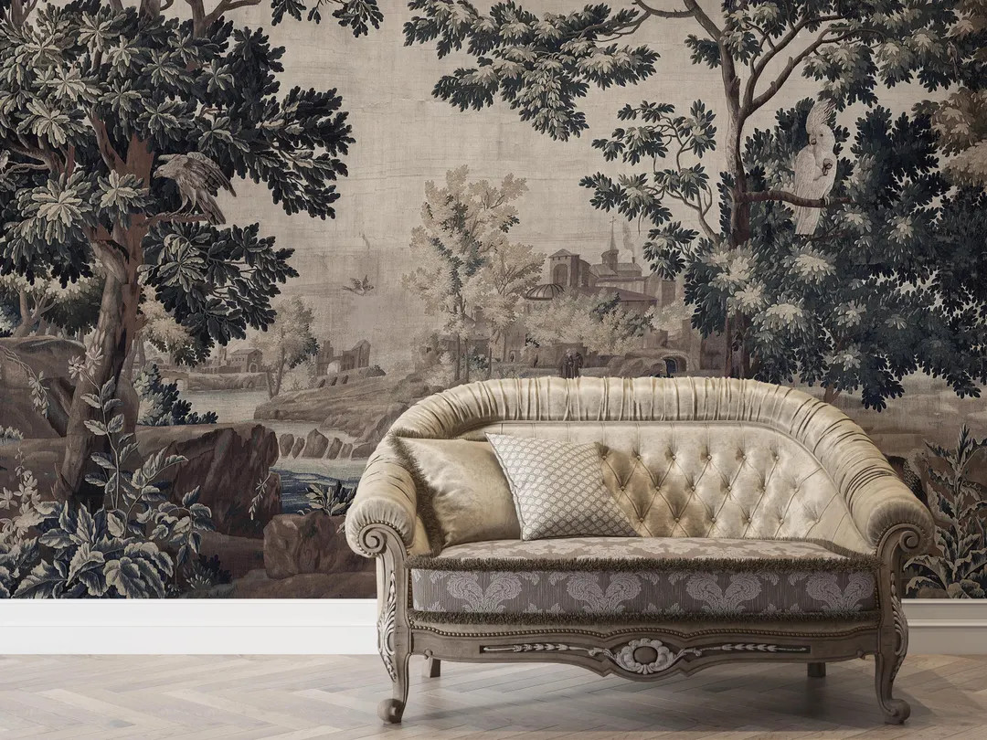 Landscape Vintage Wallpaper, Vintage Forest and Birds Tapestry, Traditional and Peel and Stick Wa... | Etsy (US)