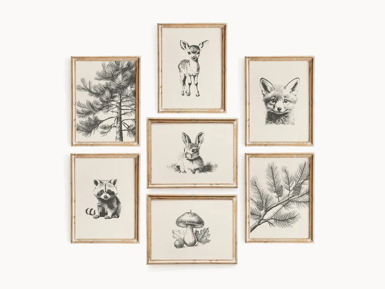 Vintage Woodland Baby Animal Gallery Set of 7 Baby Deer Nursery Wall Art Nature Nursery Decor Bab... | Etsy (US)
