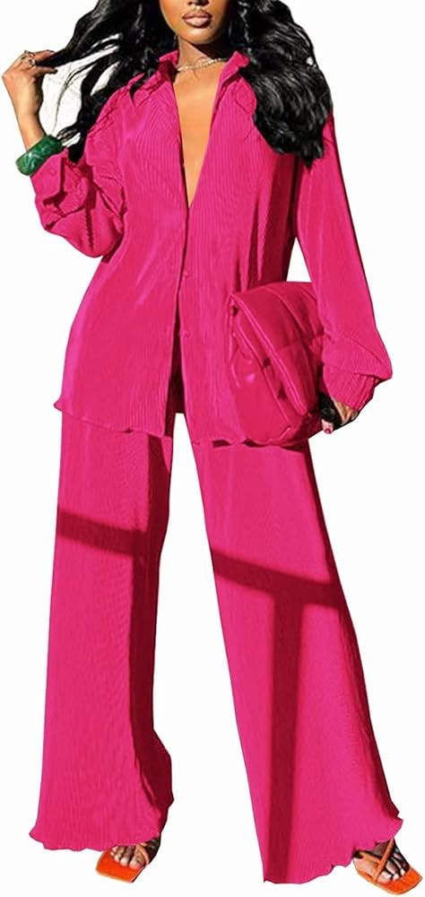 Women Pleated 2 Piece Pants Outfits Casual Loose Button Shirt Blouse Top Long Wide Leg Palazzo Pa... | Amazon (US)