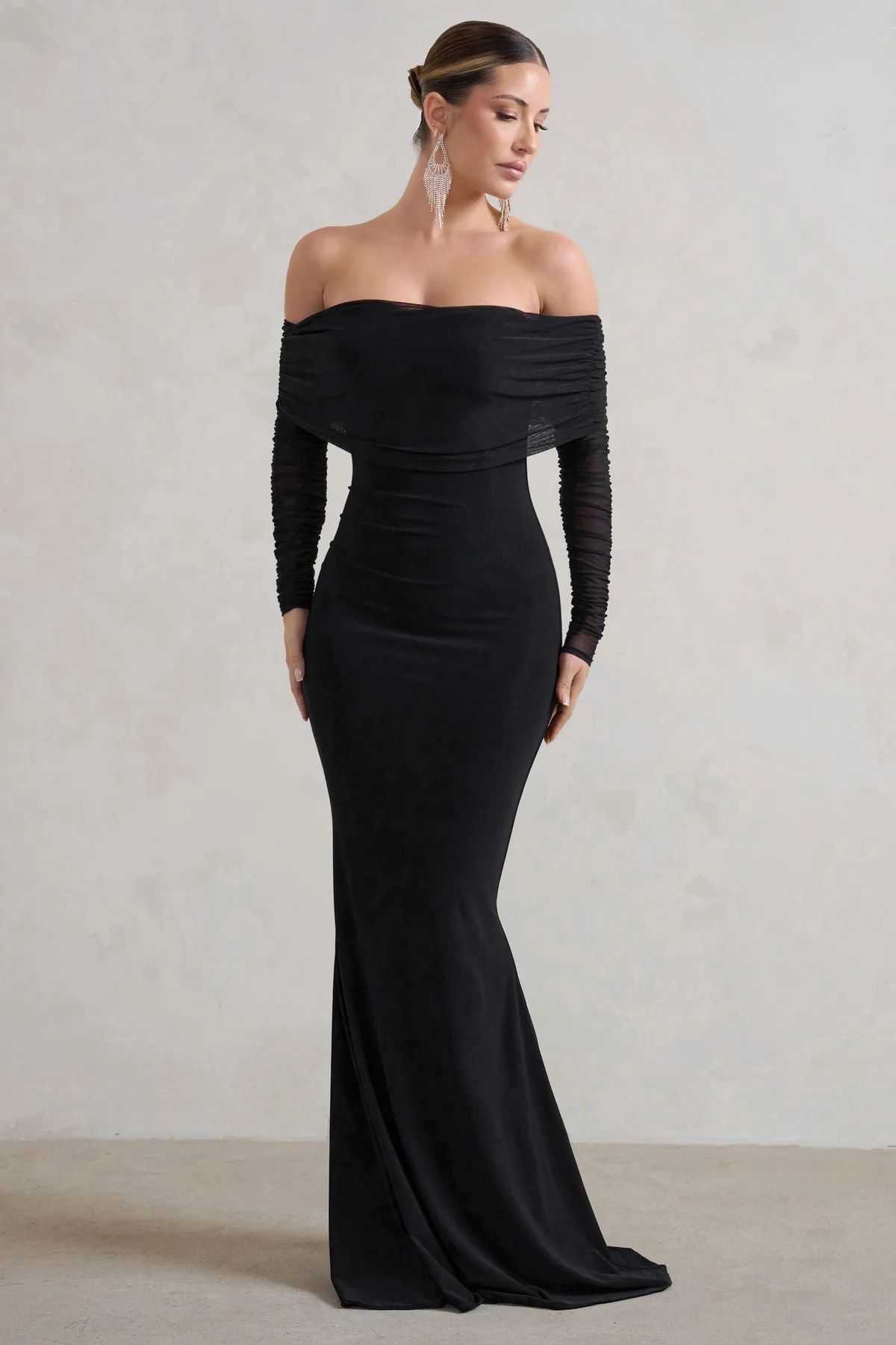 Madeleine | Black Fishtail Maxi Dress With Bardot Mesh Long Sleeves | Club L London