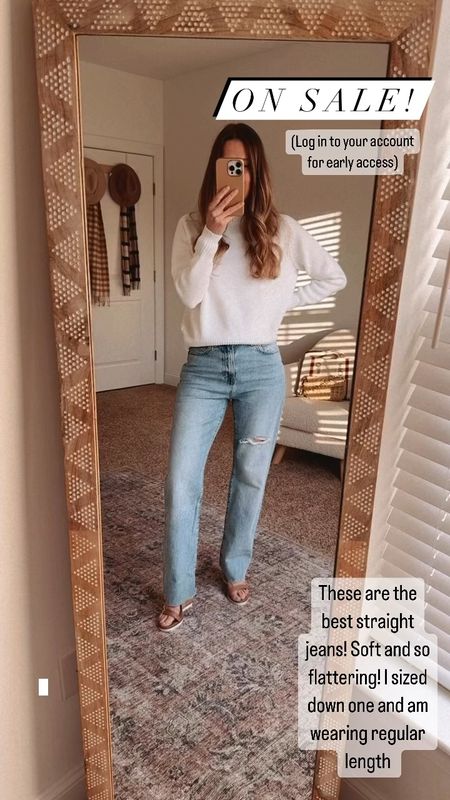 New Madewell jeans in a straight cut. So flattering even in curves. Size down. Wearing regular length and I’m 5’3” for reference

#LTKVideo #LTKover40 #LTKSeasonal