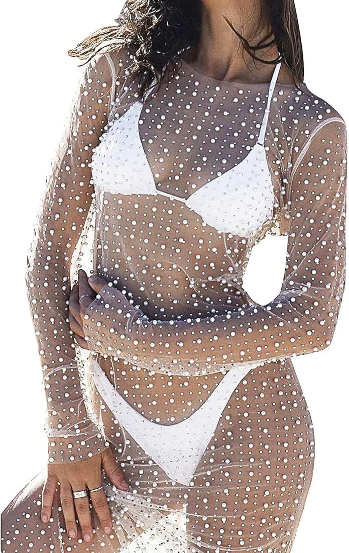 LABULADUO Sexy Women Sheer Mesh Pearl Rhinestone Cover Up Dress Summer Beach Bathing Suit Cover U... | Amazon (US)