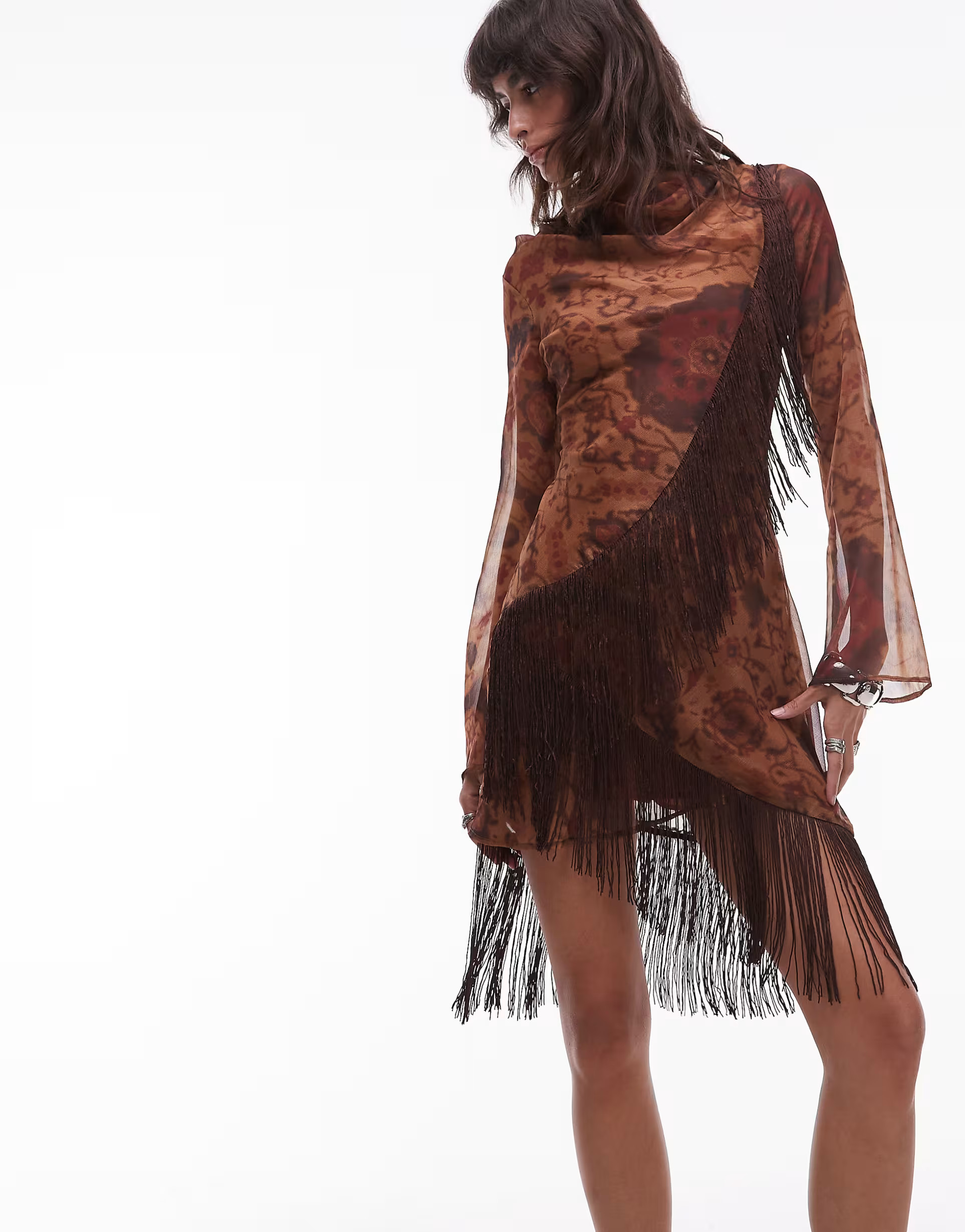 ASOS DESIGN mini dress with tassels in brown floral print | ASOS | ASOS (Global)