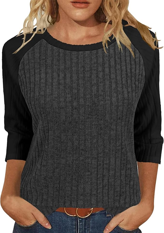 Heymiss Womens Sweaters 3/4 Sleeve Shirts Lightweight Loose Casual Blouses Color Block Tunic Tops | Amazon (US)