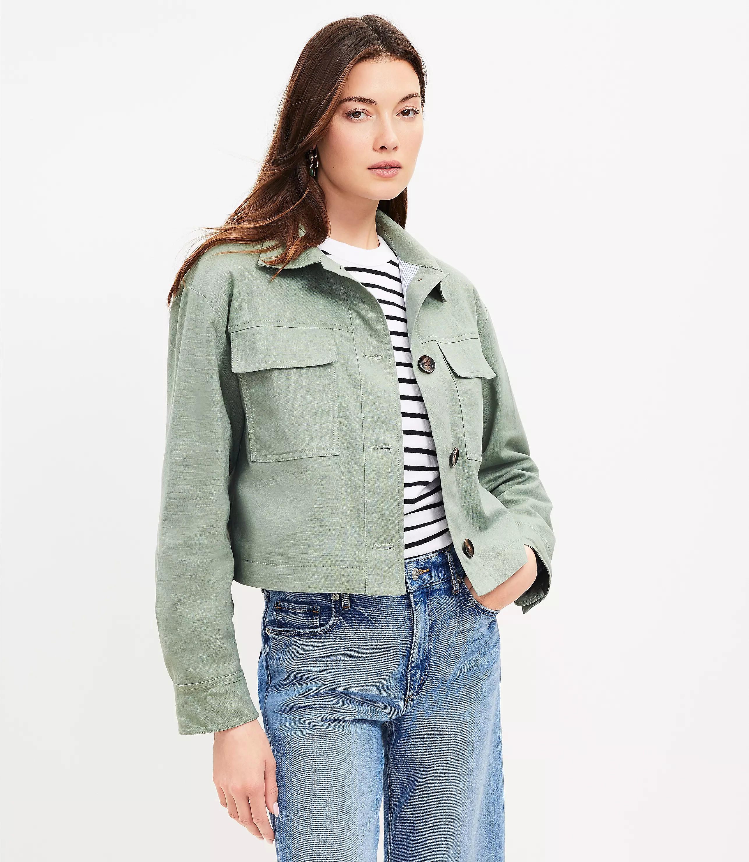 Linen Cotton Cropped Patch Pocket Jacket | LOFT