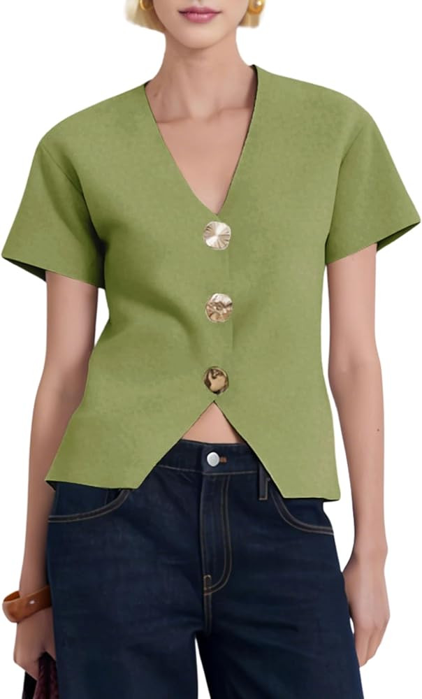 Daacee Women’s Short Sleeve Cardigan Sweaters Trendy V Neck Snap Gold Buttons Structured Croppe... | Amazon (US)