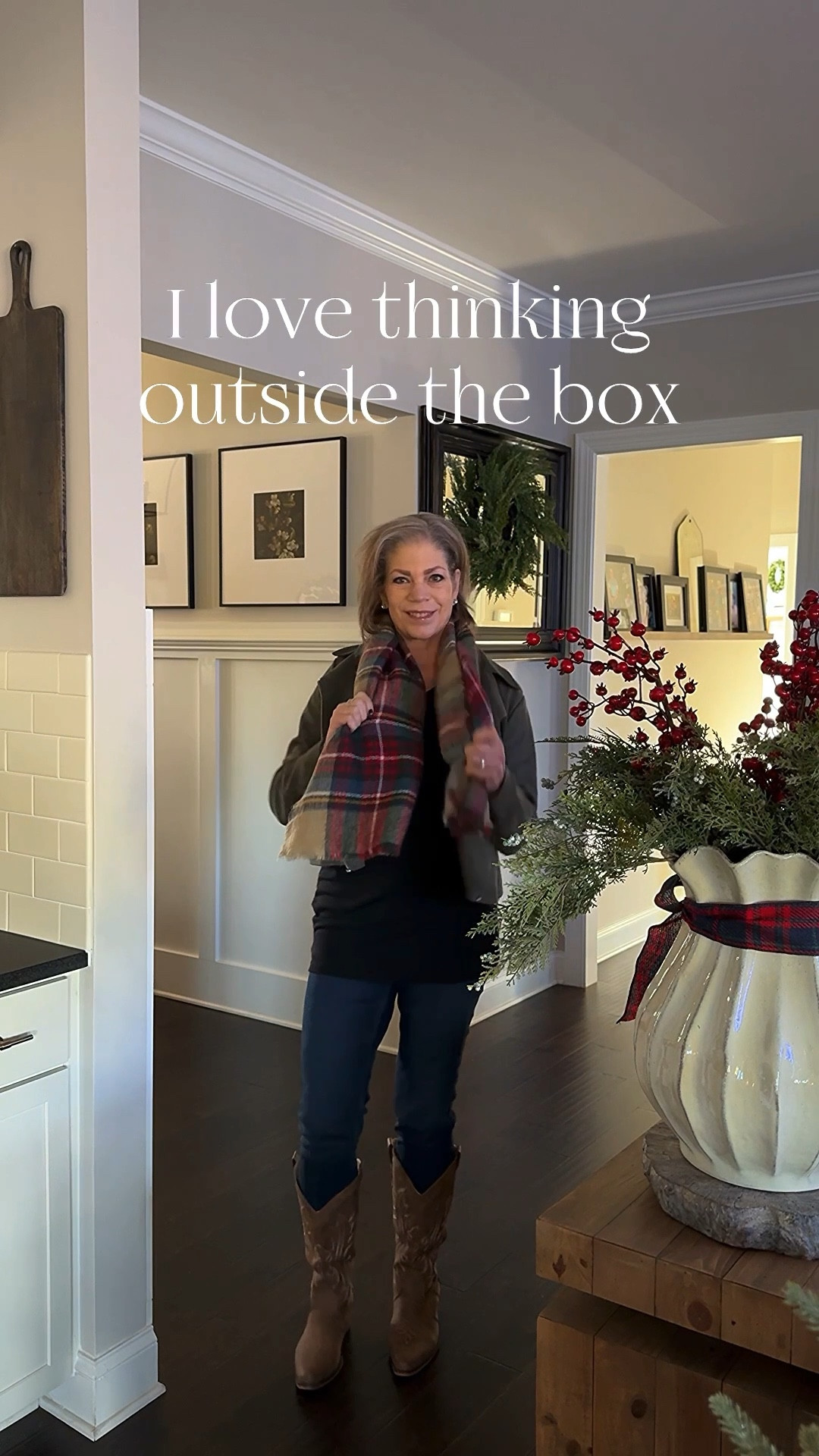I love to think outside the box!! I’ve used 2 of my plaid scarves for decor. One as a throw and the other as a table runner.

I’ve linked several similar options.

Plaid scarves, upholstered chair, Christmas tree pillow cover, Grand Duchess tree, dining chairs, linear chandelier, woven vase, berry stems, Norfolk pine stems, plaid ribbon, ceramic pleated vase, cedar stems, faux fur, cowboy boots, denim jeans, large braided edge wood tray

#LTKHome #LTKHoliday #LTKSeasonal