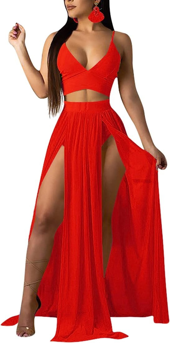 Rela Bota Women's Sexy Summer 2 Piece Maxi Chiffon Dress Crop Top Skirt Set Beachwear Cover Up | Amazon (US)