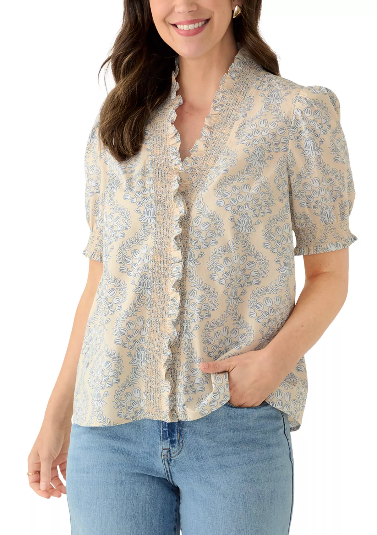 Women's Short Sleeve Smocked Ruffle Neck Top | Belk