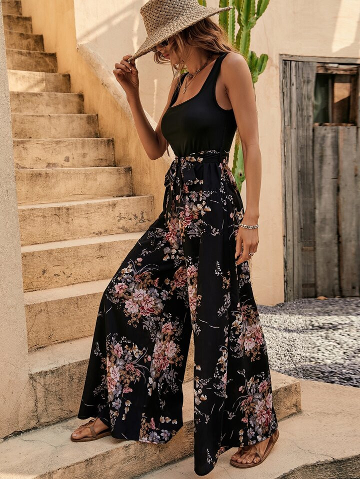 SHEIN VCAY Floral Print Belted Wide Leg Jumpsuit | SHEIN