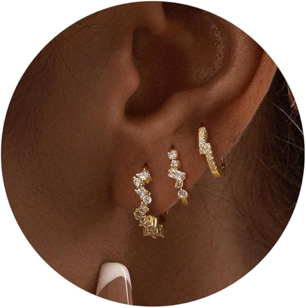 CZ Huggie Earrings for Women, Dainty Gold Earring Stacks 14K Gold Plated Small Hoop Earrings for ... | Amazon (US)