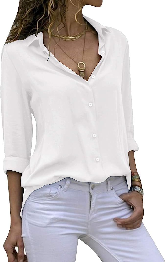 Yidarton Women's Long Sleeve V Neck Chiffon Blouses Tops Button Down Business Shirts | Amazon (US)