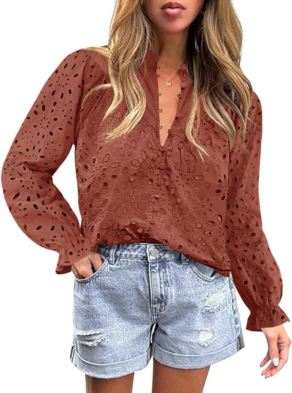 ZESICA Women's Casual Blouse Tops Puff Long Sleeve Button V Neck Hollow Out Eyelet Lace Embroider... | Amazon (US)