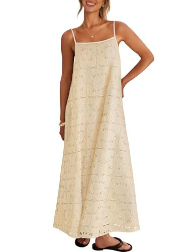 MEROKEETY Women's Summer Spaghetti Straps Sundress 2026 Casual Sleeveless Floral Lace Eyelet Boho Beach Maxi Dress, Apricot, Medium | Amazon (US)