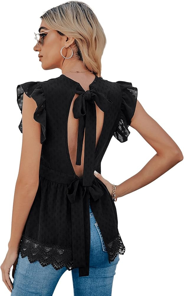 SweatyRocks Women's Cap Sleeve Tie Backless Shirt Lace Ruffle Peplum Blouse Top | Amazon (US)
