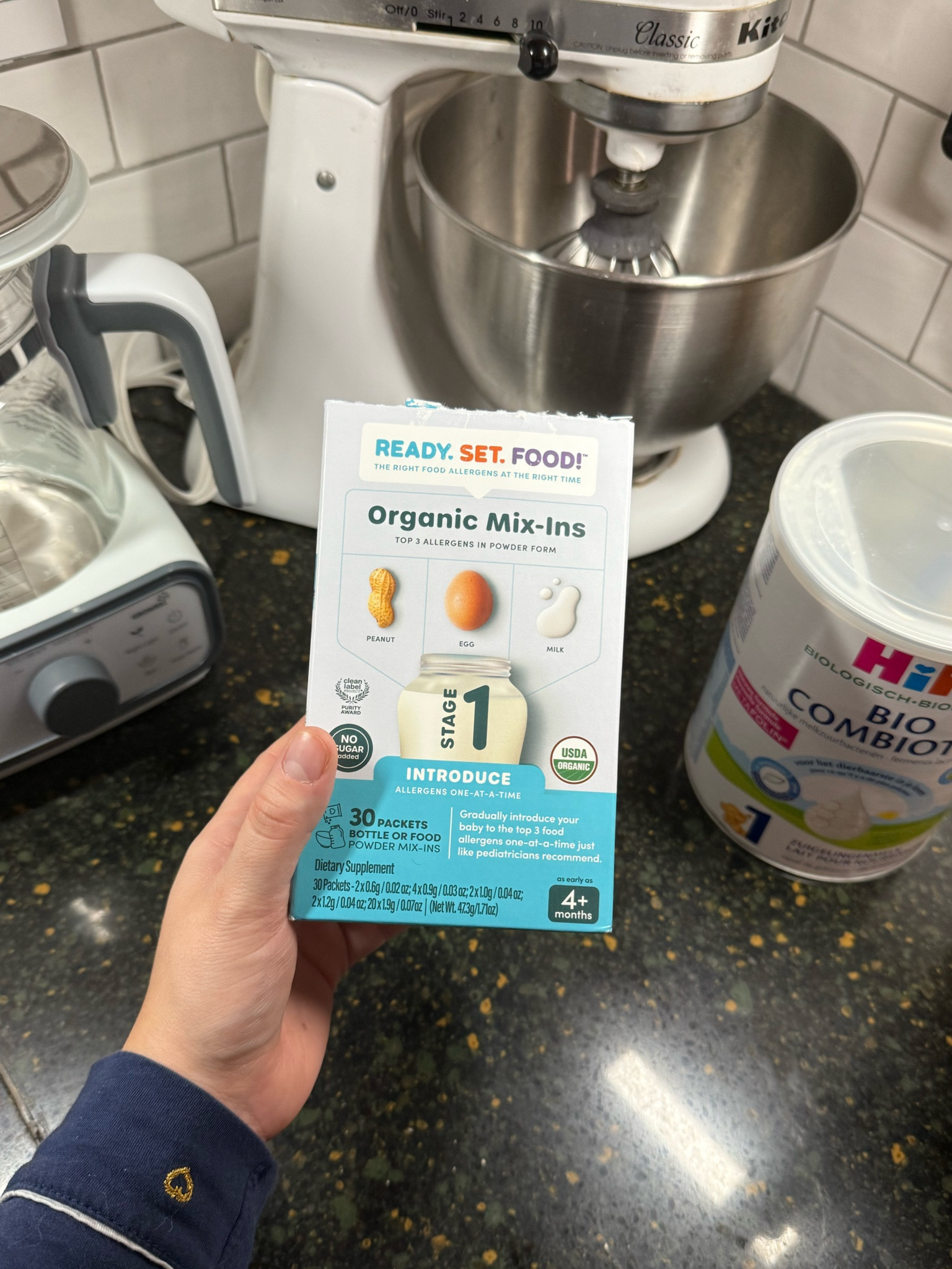 Baby allergen exposure powder, packets for dairy, eggs, and peanuts! Super easy to add the powder with the allergen to baby’s bottle each morning! You can start this by 4 months of age with your doctor’s approval. I love knowing that we’re getting our son exposed to the major allergens early, and then it doesn’t take much effort on our part 🥚🥛🥜  