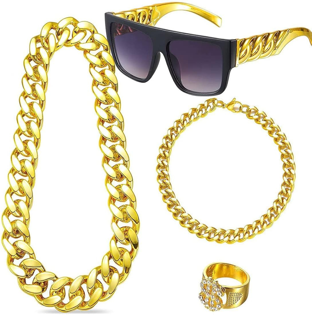 80s 90s Rapper Costumes Outfit for Men Women 90s Hip Hop Big Fake Gold Chain Party Sunglasses 80s... | Amazon (US)
