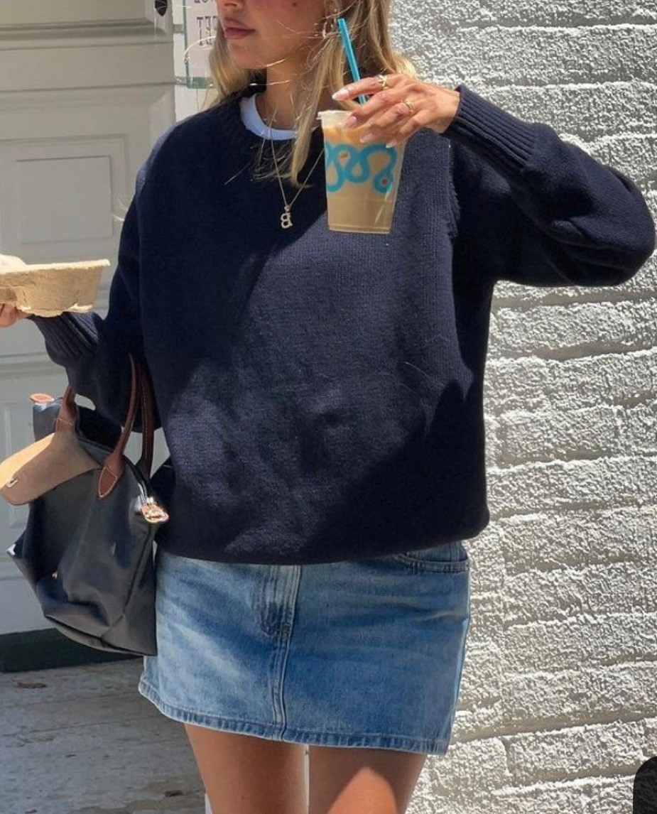 Euro style classy outfit for a cooler day! Cute navy blue sweater paired with mini jean skirt 💙💙 Shop this fit now on Amazon!! 

#LTKdayinmylife #LTKFestival #LTKSeasonal