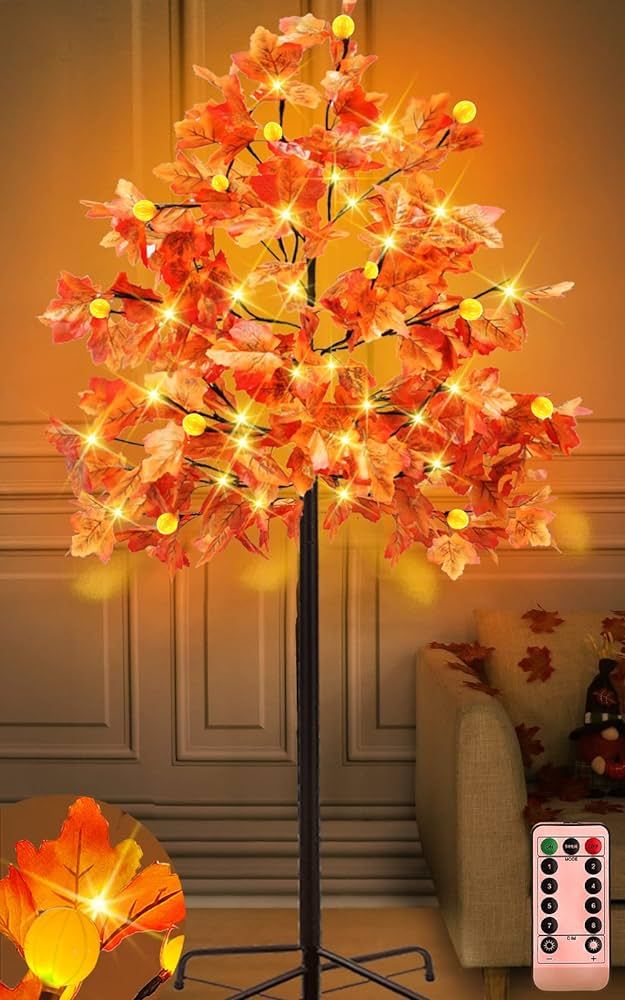 TURNMEON 6 Ft Lighted Prelit Maple Tree Fall Decor 120 Warm White LEDs Pumpkin Lights Timer 8 Mod... | Amazon (US)