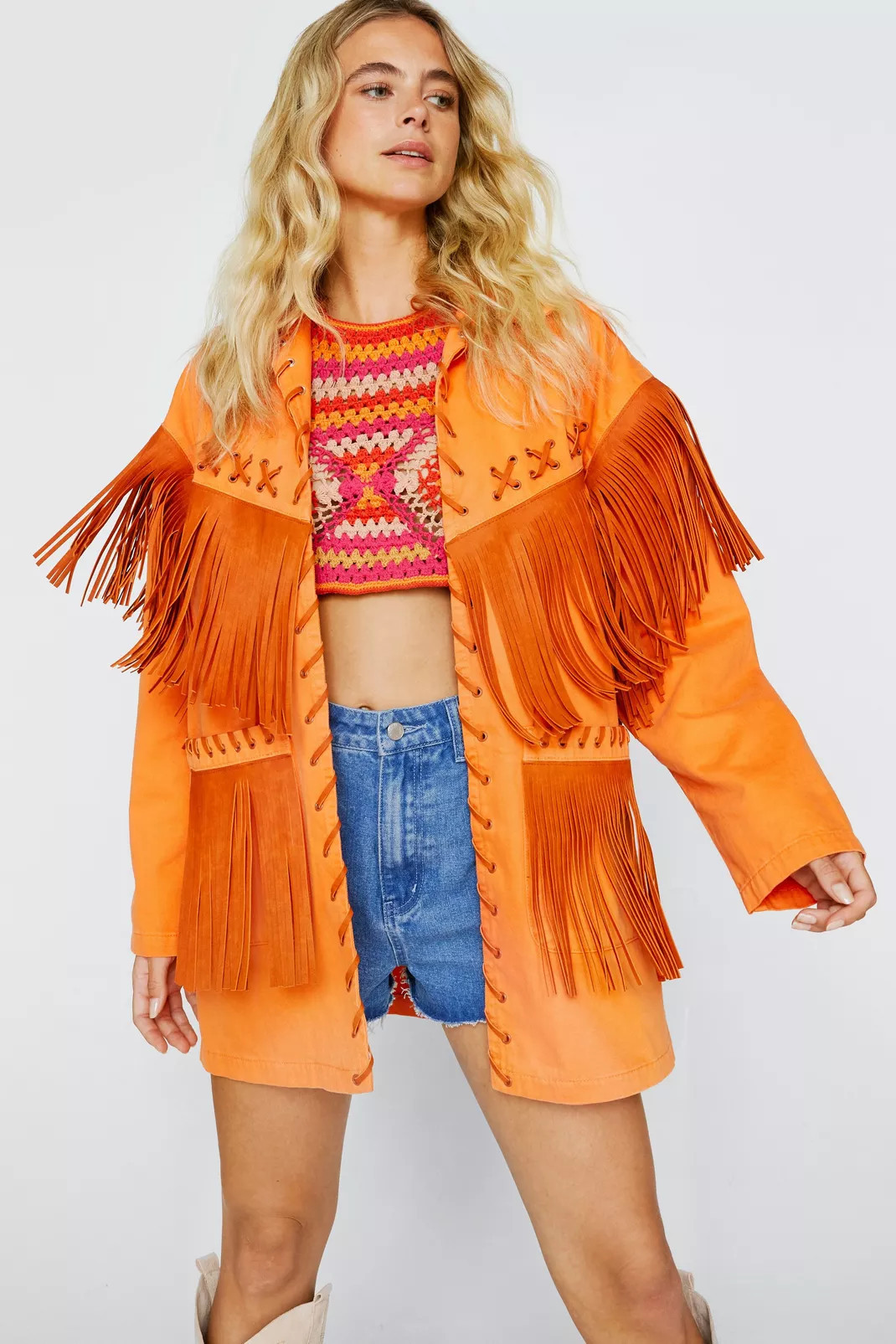 Premium Lattice Fringe Denim Jacket | Nasty Gal US