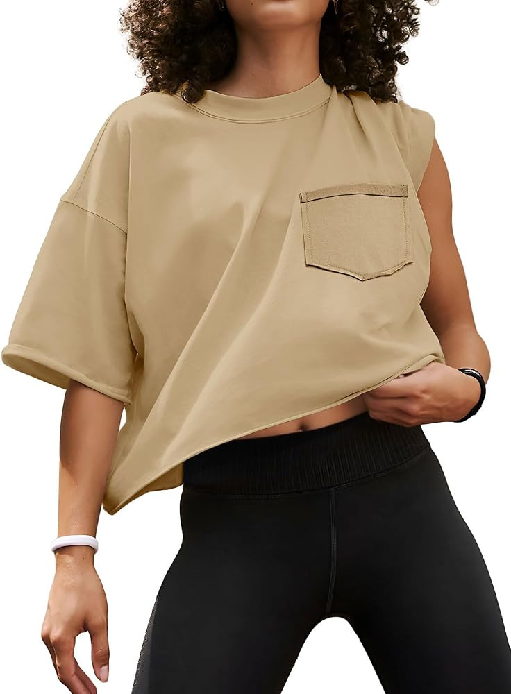 ATHMILE Womens Oversized T-Shirts Short Sleeve Workout Crop Tops Casual Drop Shoulder Boxy Roll H... | Amazon (US)